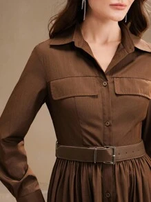 Anewsta French Retro Long Sleeve Belted Long Shirt Dress - Coffee - View 4