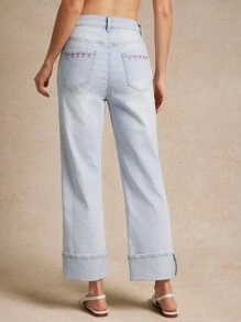 High Rise Bow Embroidered Cuff Slim Straight Denim Jeans Summer Vacation Country Concert - Light Wash - View 4