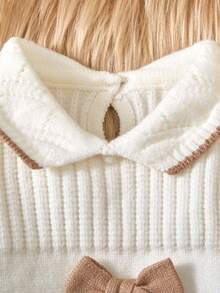 2 件套女婴针织毛衣和裤子套装，长袖，蝴蝶结装饰，象牙白，柔软面料，适合日常、户外、旅行、度假、居家、日托、儿童玩耍 - 白色 - 查看 9