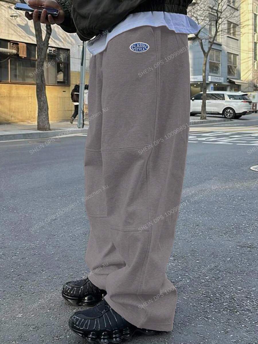 DAZY 男士卡其色保暖内衬运动裤，带字母刺绣，秋冬男士慢跑裤