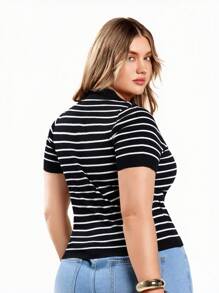 Solavibe 女式条纹翻领短袖前结短款开衫 - 黑與白 - 查看 3