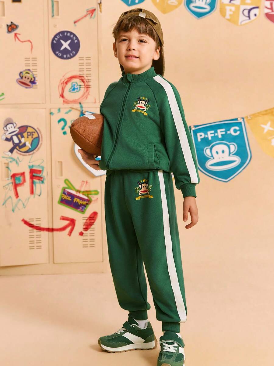 Paul Frank X SHEIN 2pcs Young Boy Sports Casual Cartoon Print Stand Collar Zip Front Jacket And Elastic Cuff Pants Set, Green Fall Winter - Green - View 1