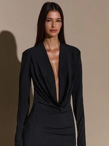 SHEIN BAE Autumn/Winter Solid Color Sexy Deep Draped Neck Backless Long Sleeve Bodycon Maxi Dress, Elegant Sexy Draped Neck Backless Long Dress, Party Cocktail Dress, 3D Floral Dress, Backless Dress, Black Elegant Maxi Dress,Wedding Guest Dress Women - Black - View 5