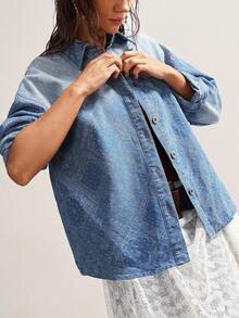 Bohemela Casual Woven Denim Long Sleeve Loose Blouse For Women - Blue - View 3