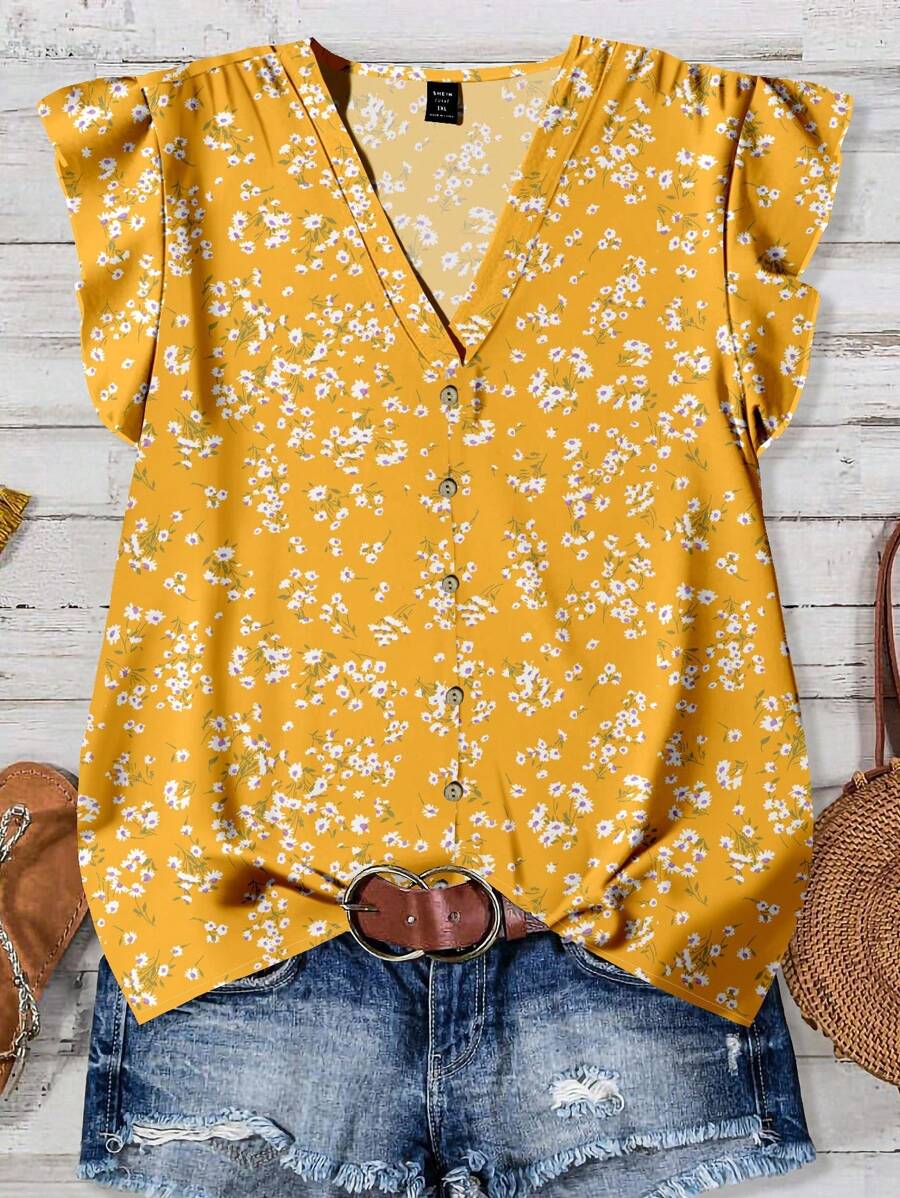 EMERY ROSE 大码女式休闲简约夏季黄色花朵印花衬衫 - 黃色 - 查看 1