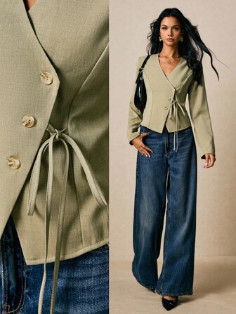 Poéselle 女式衬衫 不对称纽扣门襟领带 绿色衬衫 女式夹克 女式西装外套 休闲女式 优雅通勤 纯色斜领衬衫 冬季外套 冬季夹克 秋季上衣 女式秋装 女式冬装 秋季服装 外出上衣 商务休闲女式 老款服装 女式纽扣衬衫女式