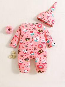 嬰兒女孩卡通圖案連腳睡衣和帽子
