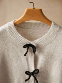 Elaquor 秋冬大码休闲蝴蝶结装饰开衫 - 杏色 - 查看 4