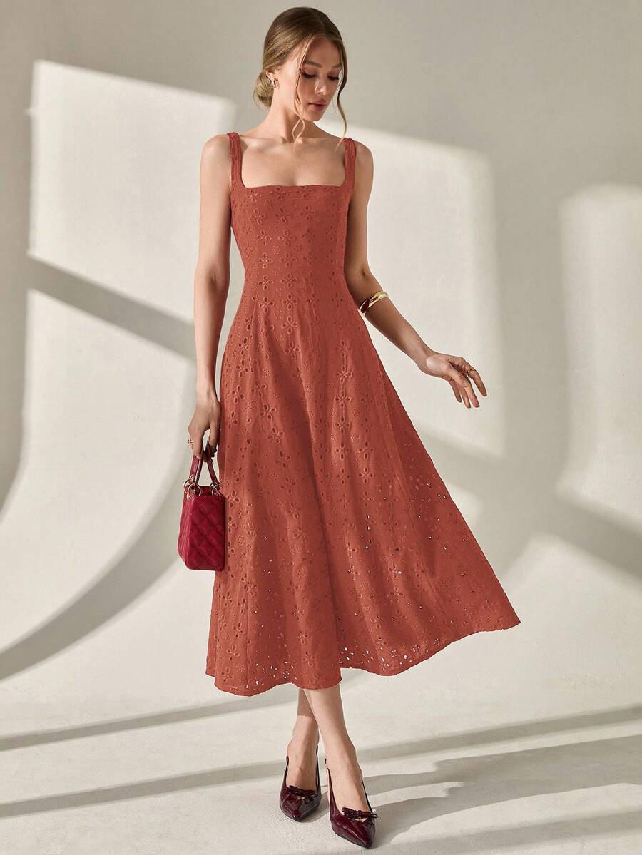 CLARA VERO Elegant Solid Color Hollow Embroidery Sleeveless Dress, Summer - Burnt Orange - View 1