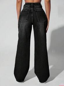 EURMUSE Quần jeans ống đứng bỏ túi thời trang thường ngày dành cho nữ - màu đen - Xem 2