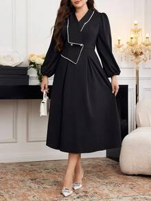 Modelyn Plus Size Color Block Wrap Around Puff Sleeve Elegant Fashion Dress - Black and White - View 4