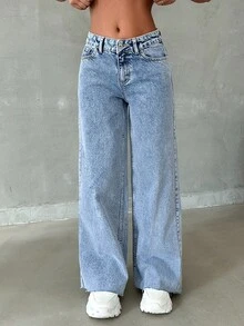 EURMUSE 100% Cotton Low Waist Raw Hem Snow Wash Wideleg Jean - Baby Blue - View 9