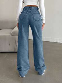 EURMUSE Snow Wash Straight Leg Jeans High Rise ,Petite Women - Blue - View 2