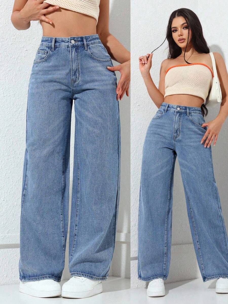 牛仔前扣多口袋休闲裤 - 藍色 - 查看 1