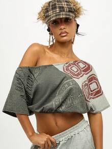 SUMWON WOMEN Off Shoulder Graphic Print Crop Top Oversized T-Shirt Distressed Vintage Varsity Collegiate Style Fashion Fall Winter Casual Loungewear - Grey - View 9