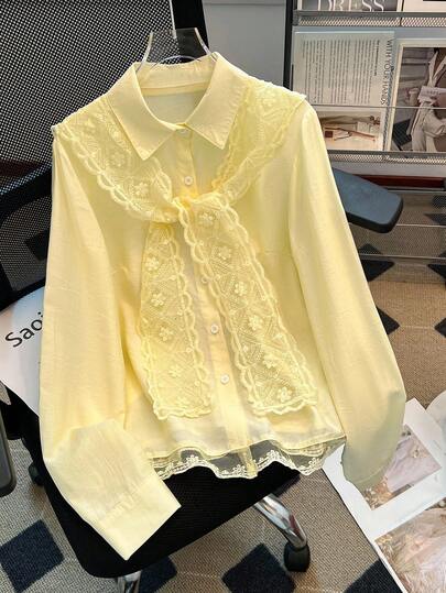  Casual Loose Lace Trim Tie Collar Long Sleeve Shirt For Women, Minimalist Style, Autumn/Winter,Franclia Elegant Fitted Front-Opening Collar Long Sleeves Yellow Buttons Spring/Autumn Women's Shirt Yellow Long Sleeve Top Shirts For Women Business Casual Woman Button Up Shirt Women Business Casual Woman Going Out Tops Women Fall Clothes For Women All Yellow Casual Outfits Spring/Autumn