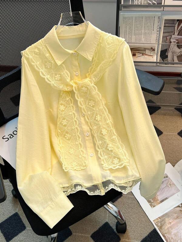  Casual Loose Lace Trim Tie Collar Long Sleeve Shirt For Women, Minimalist Style, Autumn/Winter,Franclia Elegant Fitted Front-Opening Collar Long Sleeves Yellow Buttons Spring/Autumn Women's Shirt Yellow Long Sleeve Top Shirts For Women Business Casual Woman Button Up Shirt Women Business Casual Woman Going Out Tops Women Fall Clothes For Women All Yellow Casual Outfits Spring/Autumn