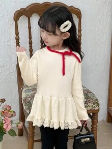DAZY Young Girls Round Neck Ruffle Hem Loose Long Sleeve Sweater - Apricot - View 4