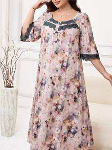 Al Najma Vestido árabe de talla grande para mujer, de estilo casual y suelto, con parches de encaje y mangas tres cuartos - Multicolor - Ver 4