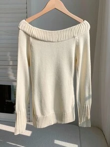 Comfortcana 女式休闲骑士图案露肩插肩长袖毛衣