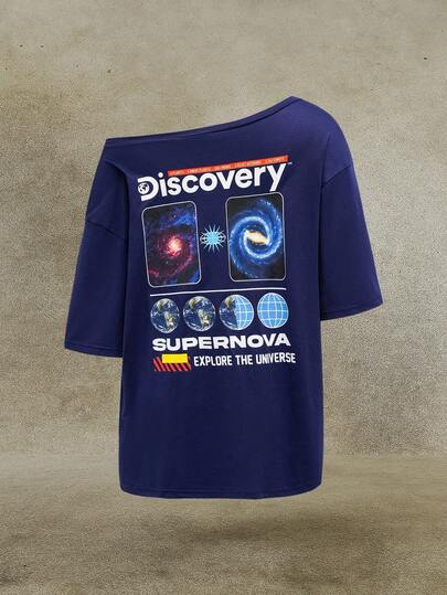 Discovery X SHEIN Women's Summer Letter & Earth Print Asymmetrical Neck Short Sleeve T-Shirt