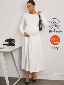 MaterniWear Elegant White Maternity Dress For Pregnant Women,Autumn Long Sleeve Round Neck Pleated Long Dress,Business Casual Bump Friendly Photoshoot Clothes - White - View 4