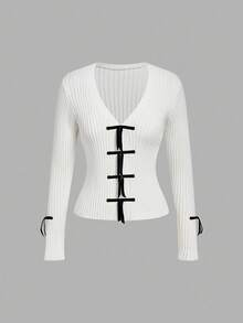 SHEIN Unity Cárdigan casual con cuello en V y decoración de lazo, prenda versátil para volver al colegio, cárdigan blanco casual para uso diario, blusas, brunch de mujeres, feria del Renacimiento, conciertos de mujeres, en otoño/invierno - Blanco - Ver 1