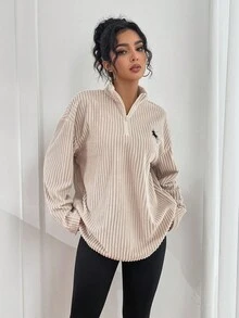 SHEIN 2 件套女士休闲卡其色纯色长袖运动衫和黑色裤子套装 - 卡其色 - 查看 4