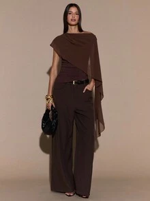 SHEIN BAE Women's Asymmetric Shoulder Ruched Neck Tie Blouse, Elegant Knit Top, Autumn/Winter,Blusas Femininas Elegante