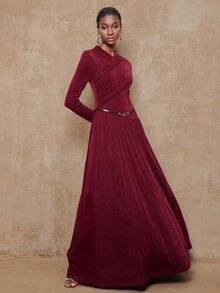 Lumalex VITNOS Autumn/Winter New Women's Elegant Burgundy Crossover Neck Glitter Chiffon Ruched Waist Design Metallic Leather Belt Decor Long Sleeve Fitted Flared Dress, Spring/Autumn Burgundy Long Sleeve Maxi Dress Wine Red Maxi Dress Red Long Sleeve Formal Dress Burgundy Formal Dress Long Red Elegant Dress Autumn Outfit, Suitable For Concerts, Dates, Weddings, Parties, Birthday, Night Out