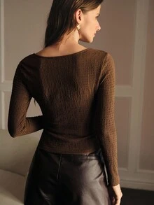 MOTF PREMIUM ASYMMETRICAL HEM BUTTON UP T-SHIRT - Coffee Brown - View 4