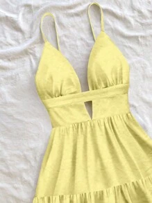 Soleia Women Casual Vacation V-Neck Hollow Out Frill Hem Mini Dress, Suitable For Summer, Resort Wear, Butter Yellow Dress, Springbreak ,Brunch-Ready Summer Dresses For Women Suitable For Going Out