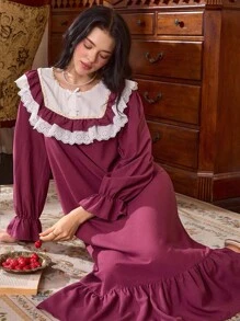 Côtesoire Váy ngủ nữ viền bèo nhún phong cách cung điện Pháp, Thu Đông - Màu tím - Xem 1