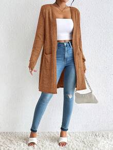 SHEIN Essnce 女士优雅常规针织开衫 开衫 女士开衫 轻薄开衫 棕色开衫 秋冬棕褐色开衫 - 鏽棕色 - 查看 5