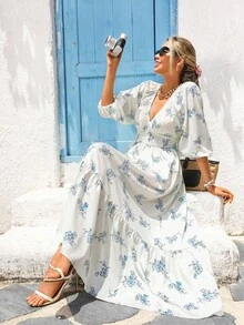 Vivid Eden 女士休闲度假浪漫V领束腰连衣裙 - 彩色 - 查看 4