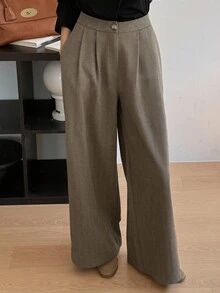 DAZY 女式人字纹羊毛阔腿裤，宽松口袋，秋季休闲街头风格长裤 - 棕色 - 查看 5