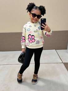 SHEIN 2pcs/Set Young Girl Ditsy Floral Hooded Sweatshirt And Leggings Casual Outfit  Tracksuit Fall Winter - Apricot - View 8