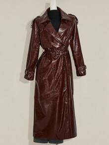 SHEIN ICON 女式纯色长袖 PU 皮夹克 - 酒紅色 - 查看 8