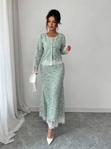 Modelyn Bộ 2 món thanh lịch dành cho nữ: Áo dài tay viền ren phong cách Pháp và chân váy midi - màu xanh lá - Xem 1