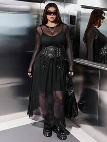 SHEIN EZwear 大码纯色网眼A字长袖休闲连衣裙 - 黑色 - 查看 4