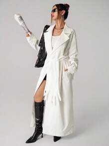SHEIN ICON 长款前开掌装饰腰带女式风衣白色风衣秋冬女装 - 白色 - 查看 1