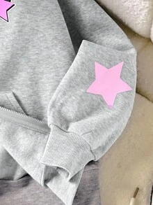 SHEIN 少女三件套：带星星印花的保暖连帽拉链外套、罗纹针织无袖背心和慢跑裤，休闲返校装，浅灰色秋冬款 - 灰色 - 查看 4