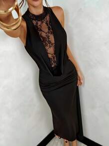 SHEIN BAE Abito aderente a tubino elegante in pizzo nero con collo alto, abito in pizzo nero per la primavera e l'estate - nero - Visualizzare 1