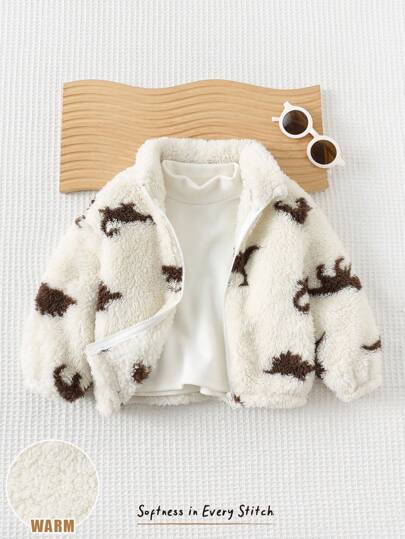 Cozy Pixies Baby Boy Dinosaur Print Thermal Lined Thick Long Sleeve Jacket Baby Teddy Bear Jacket Baby Winter Jacket Fall