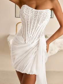 Vowa Áo corset lưới mỏng không dây thanh lịch có viền xương, viền đính hạt tinh tế, chân váy lưới xếp nếp bất đối xứng, dây buộc sau lưng có thể điều chỉnh, thích hợp cho các buổi hẹn hò, kỳ nghỉ, sinh nhật, tốt nghiệp, đám cưới, tiệc cocktail - trắng - Xem 1