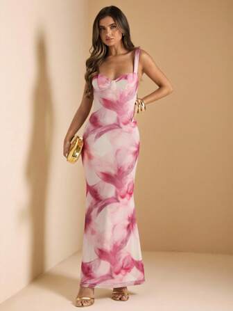 SHEIN BAE 优雅花卉印花细肩带紧身美人鱼连衣裙，适合秋季、正式场合、婚礼、派对、生日