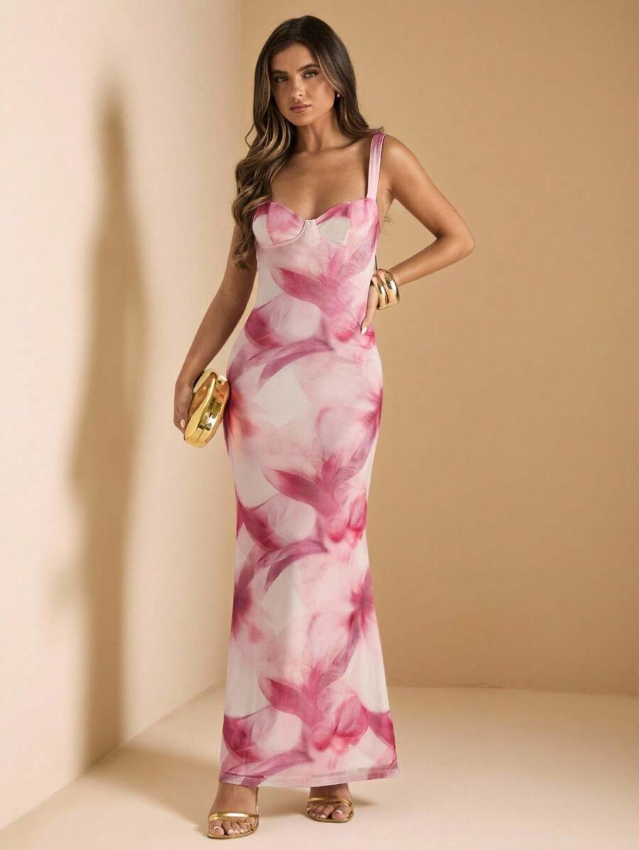 SHEIN BAE Váy đuôi cá ôm sát, dây mảnh in hoa thanh lịch, phù hợp cho mùa thu, các dịp trang trọng, đám cưới, tiệc tùng, sinh nhật - Nhiều màu - Xem 1