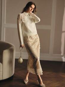 MOTF PREMIUM APPLIQUES CONTRAST LACE KNIT TOP - White - View 6