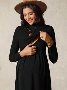 Boho Mama 孕妇纯色立领长袖休闲哺乳连衣裙 - 黑色 - 查看 6
