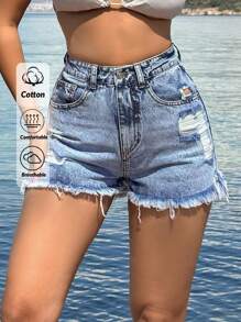 EURMUSE 100%Cotton Back Label Detailed Short With Destroy - Light Wash - View 1